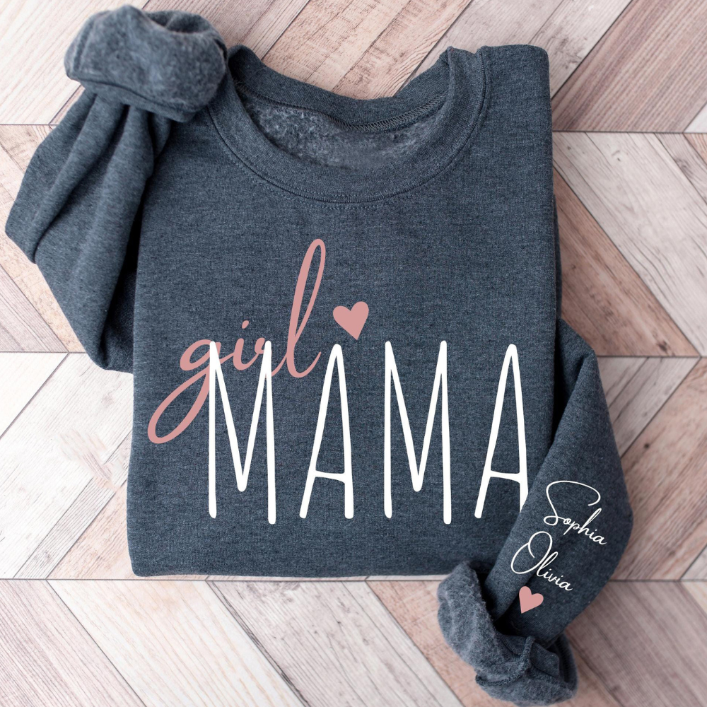 Personalized Girl Mama Sweatshirt, Grandkids names on sleeve.