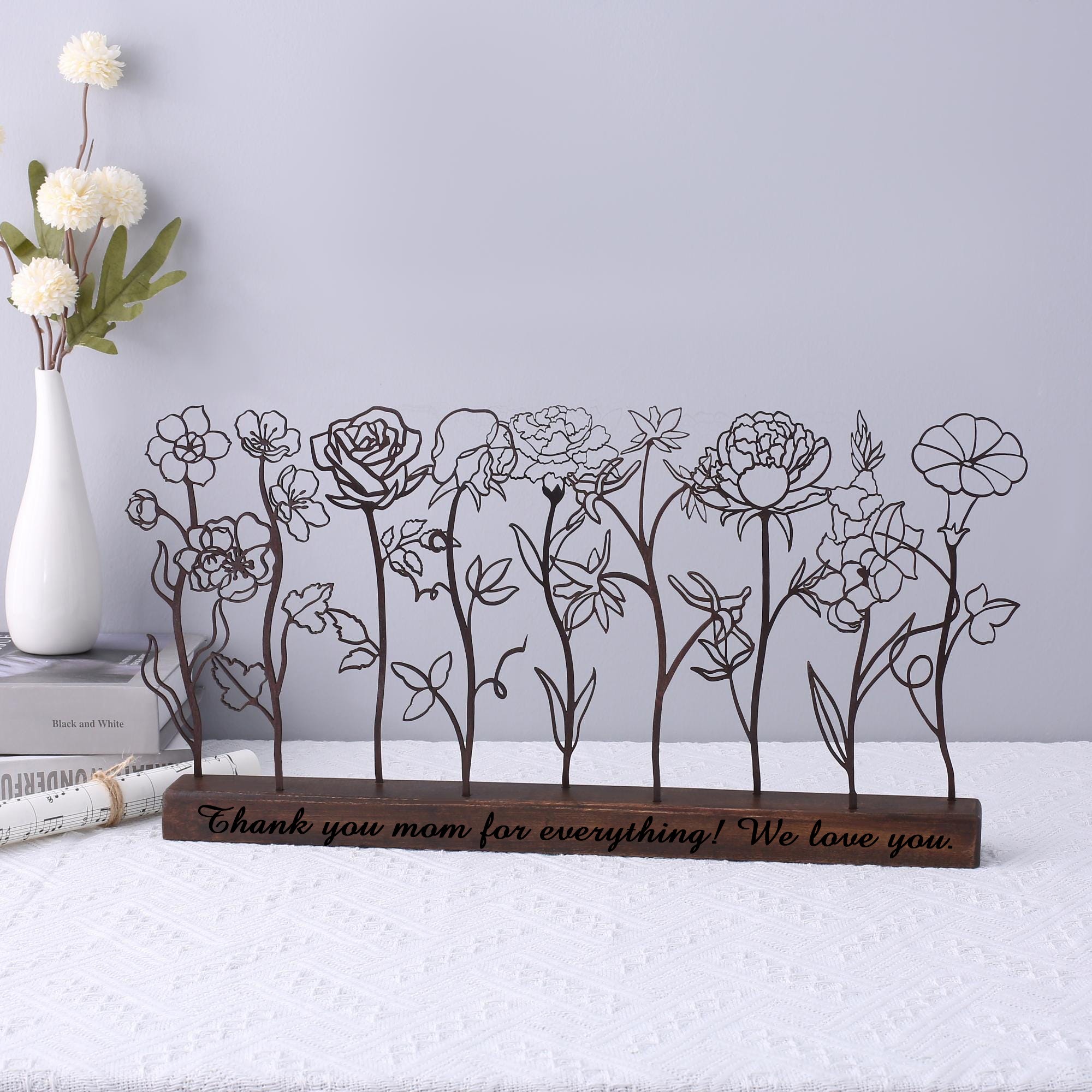 Wooden Birthday Flower Garden with Grandchildren Birth Month Bouquet, Mother's Day Gift