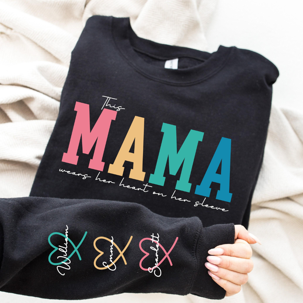Personalized MAMA Wears Her Heart On Her Sleeve Sweatshirt