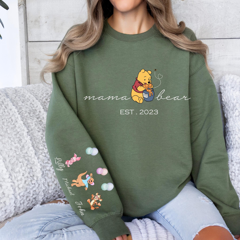 Custom Mama Sweatshirt With Kid Name On Sleeve.