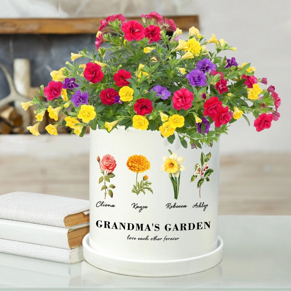 Personalized Birth Month Flower Pots with Grandkids Names, Mothers Day Gift