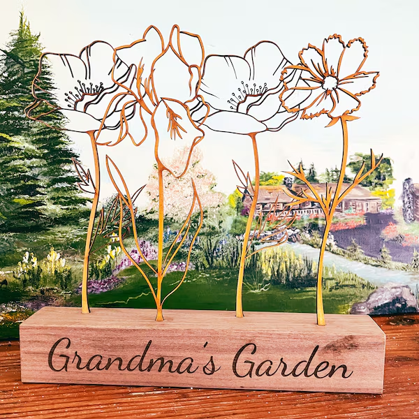 Wooden Birthday Flower Garden with Grandchildren Birth Month Bouquet, Mother's Day Gift