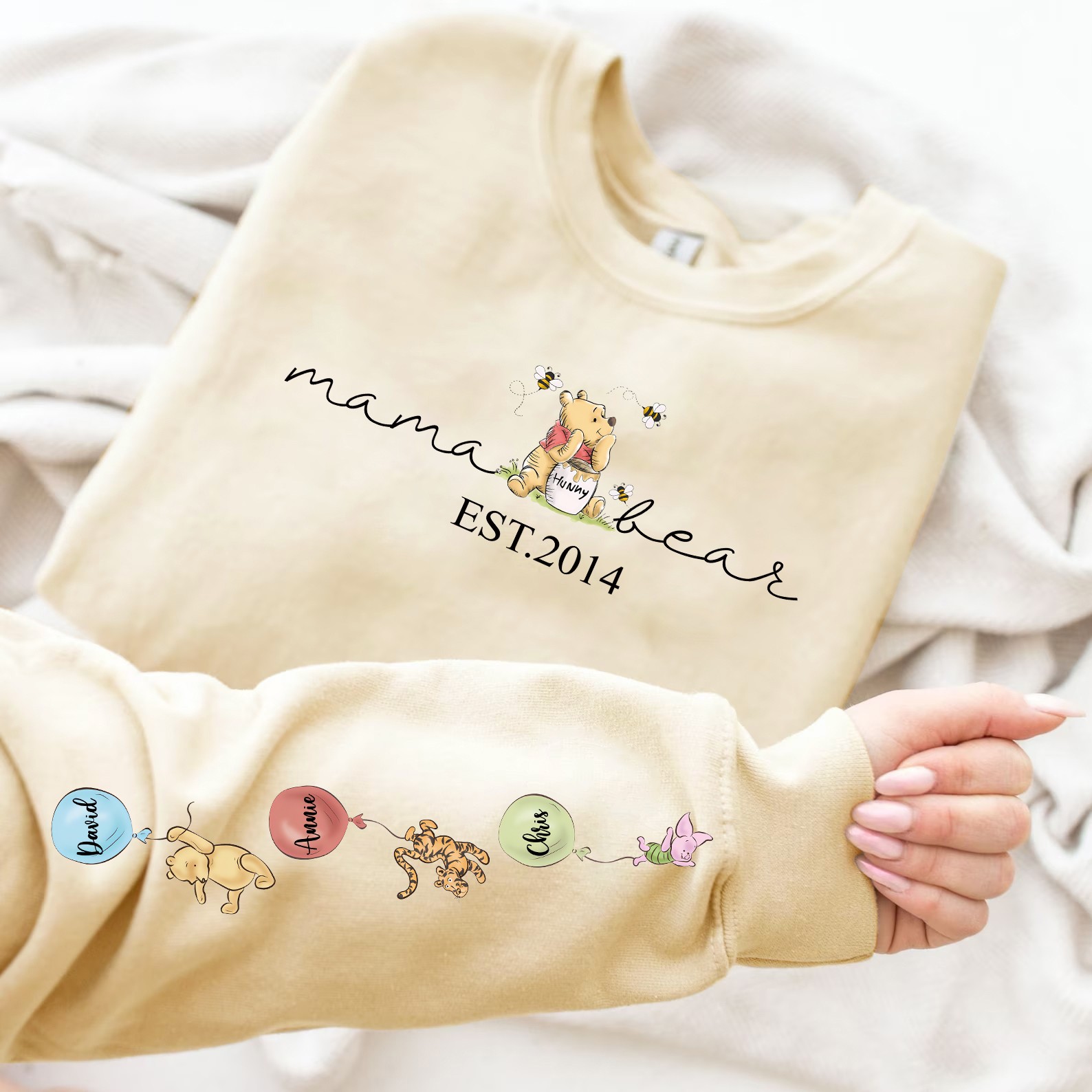 Custom Mama Sweatshirt With Kid Name On Sleeve.