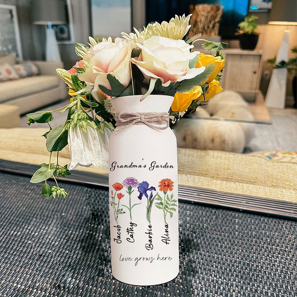 Personalized Birth Month Flower Vase with Grandkids Names, Mothers Day Gift for