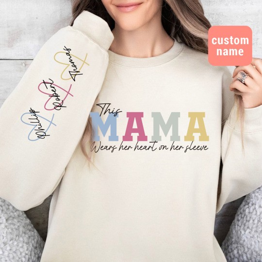 Personalized MAMA Wears Her Heart On Her Sleeve Sweatshirt