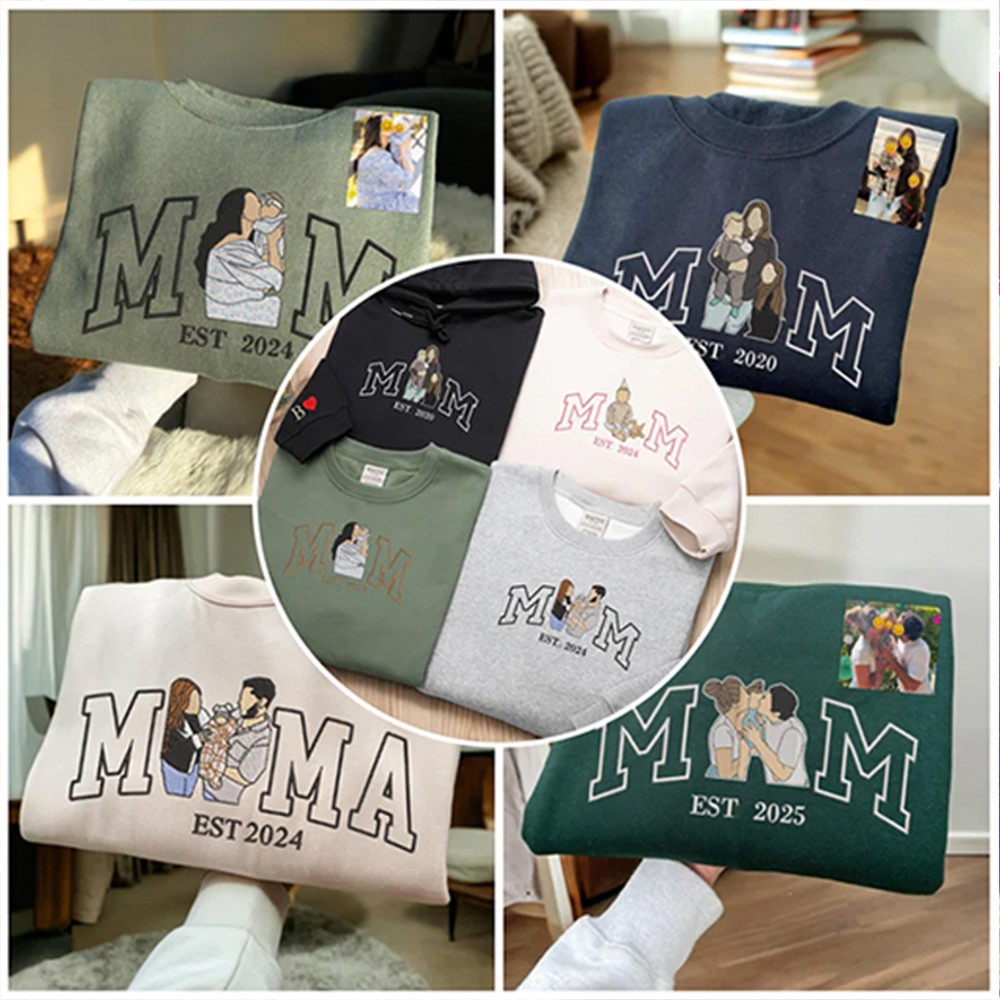 Mama Sweatshirt with Photo, Custom Embroidered Hoodie Mama and Kids Portrait