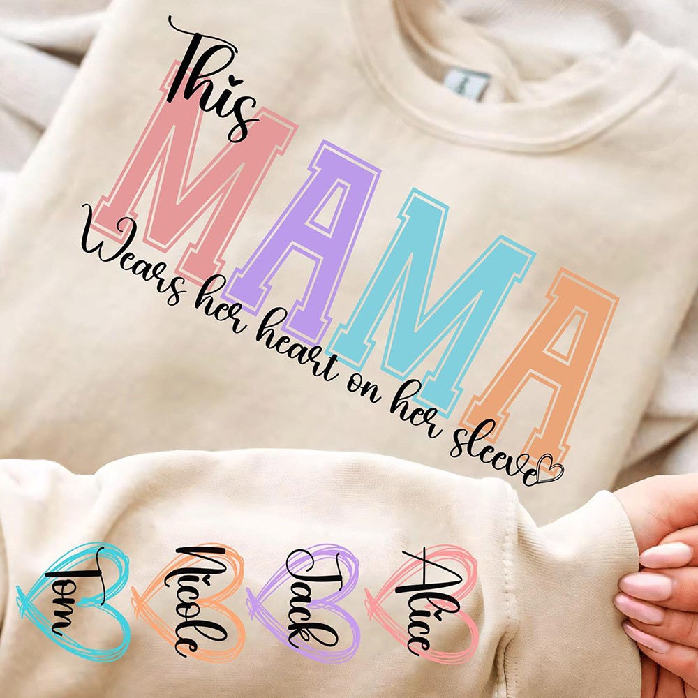 Personalized MAMA Wears Her Heart On Her Sleeve Sweatshirt.