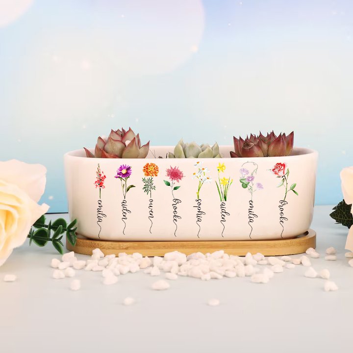 Personalized Birth Month Flower Pots with Grandkids Names, Mothers Day Gifts