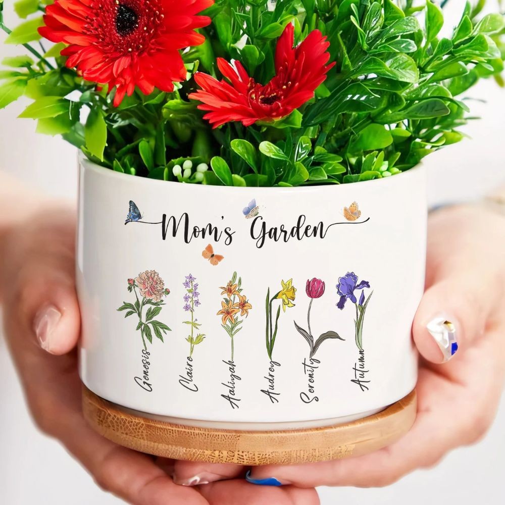 Engraved Flower Personalized Pot With Birth Month Flower and Loved One's Name.
