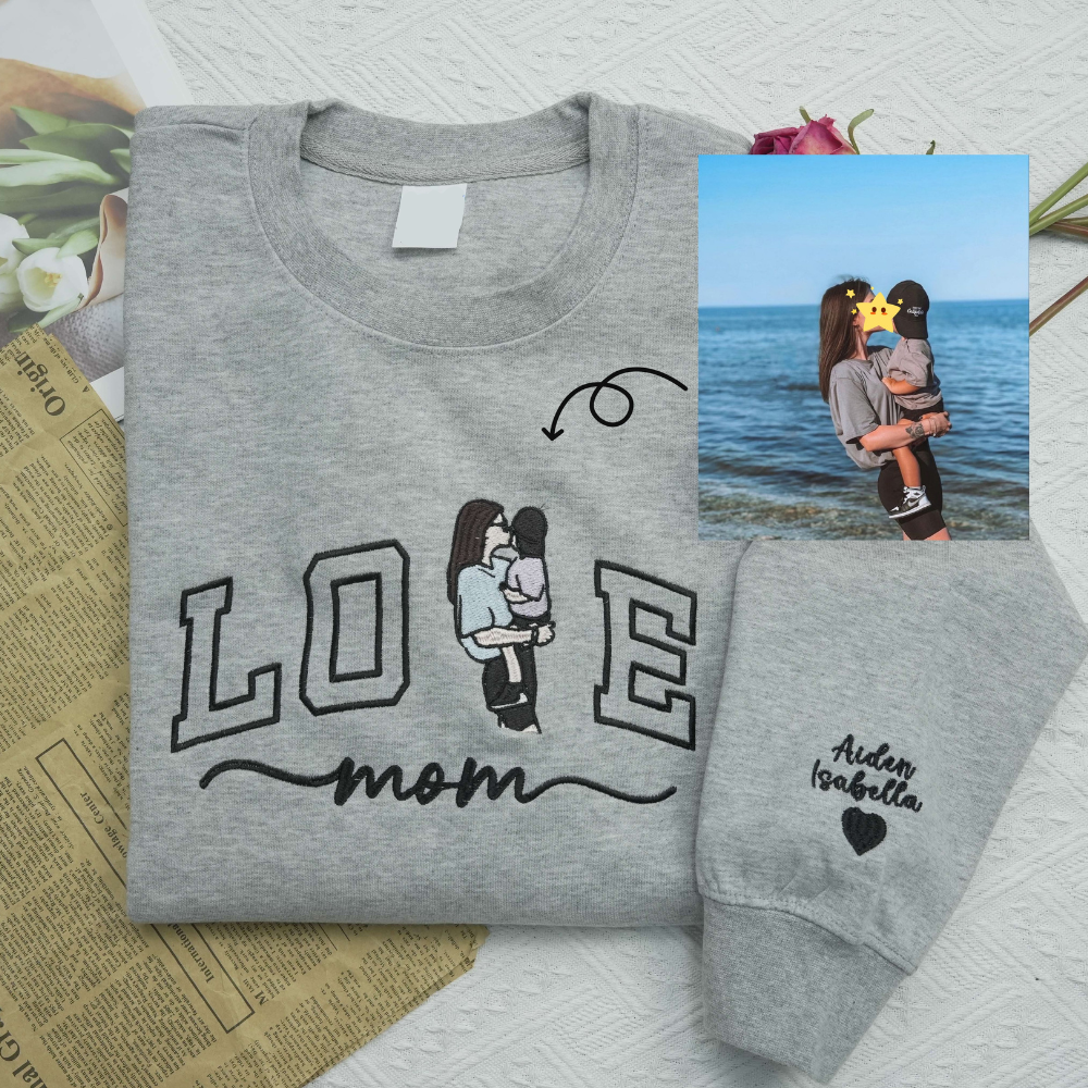 Mama Sweatshirt with Photo, Custom Embroidered Hoodie Mama and Kids Portrait