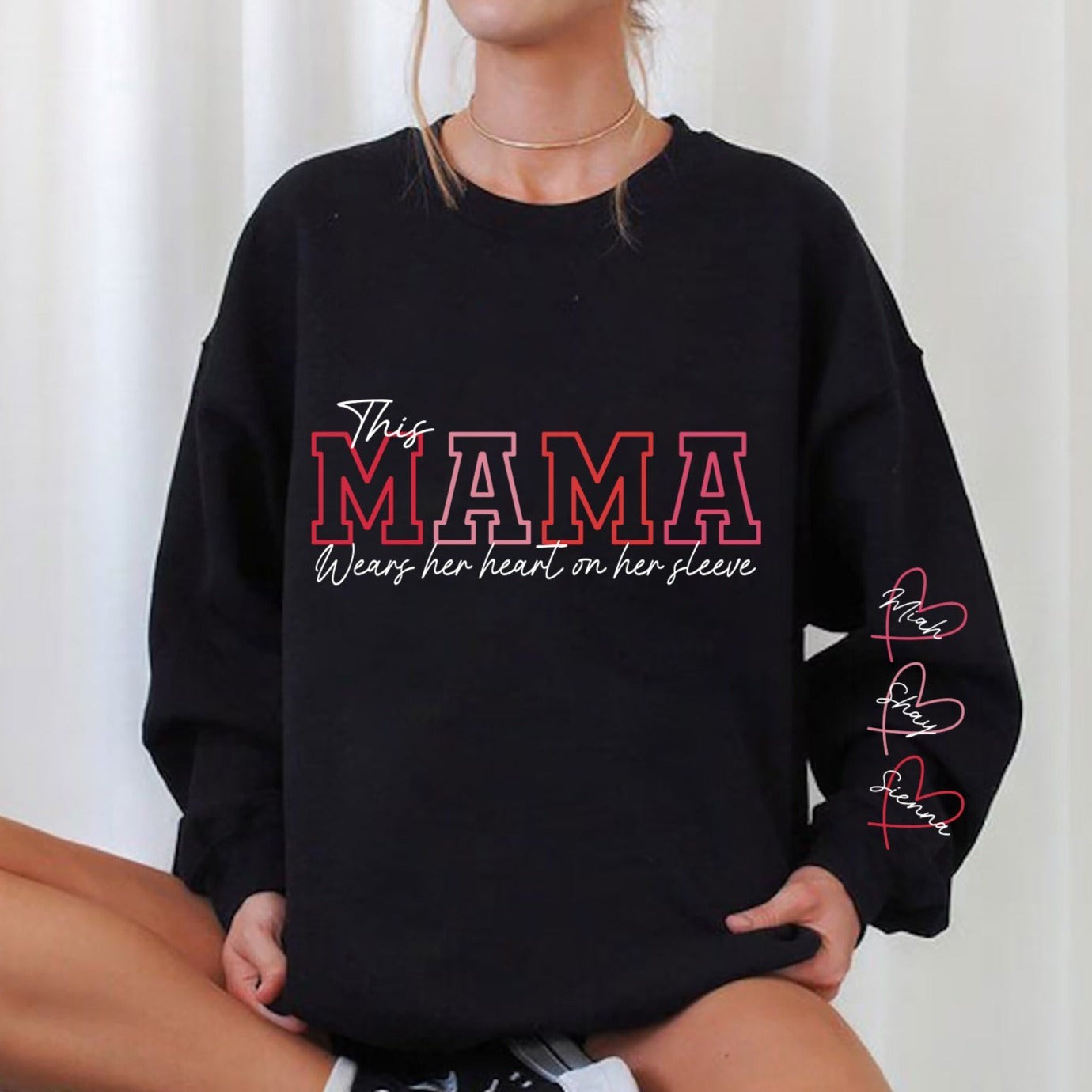 Personalized MAMA Wears Her Heart On Her Sleeve Sweatshirt