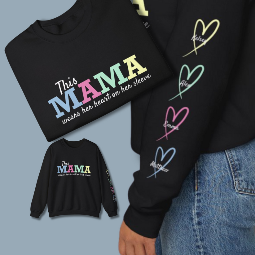 Personalized MAMA Wears Her Heart On Her Sleeve Sweatshirt