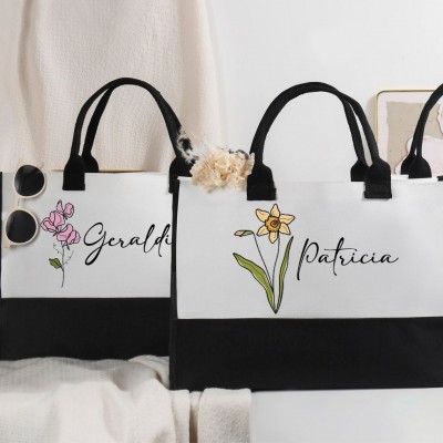 Birth Flower Tote Bag Canvas,Tote Bag Personalized,Custom Gift Bags,Birthday Tote Bag,Christmas Gift Bags,Jute Tote Bag,Beach Bag Tote