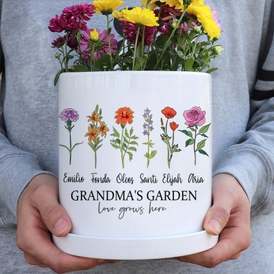 Personalized Birth Month Flower Pots with Grandkids Names, Mothers Day Gift for
