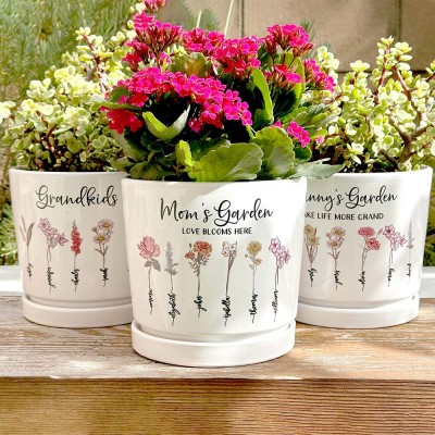 Personalized Birth Month Flower Pots with Grandkids Names, Mothers Day Gift