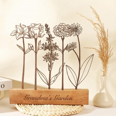 Wooden Birthday Flower Garden with Grandchildren Birth Month Bouquet, Mother's Day Gift
