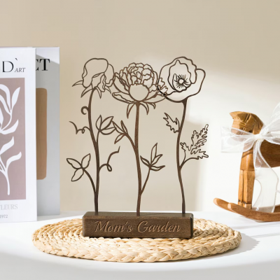 Wooden Birthday Flower Garden with Grandchildren Birth Month Bouquet, Mother's Day Gift